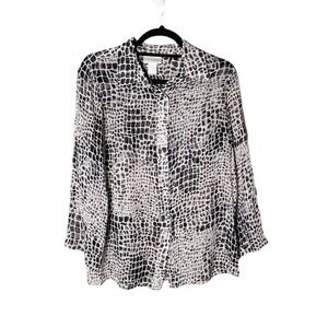 Soft Surroundings Silk Roll Tab Button Down Top Small Black White Animal Print